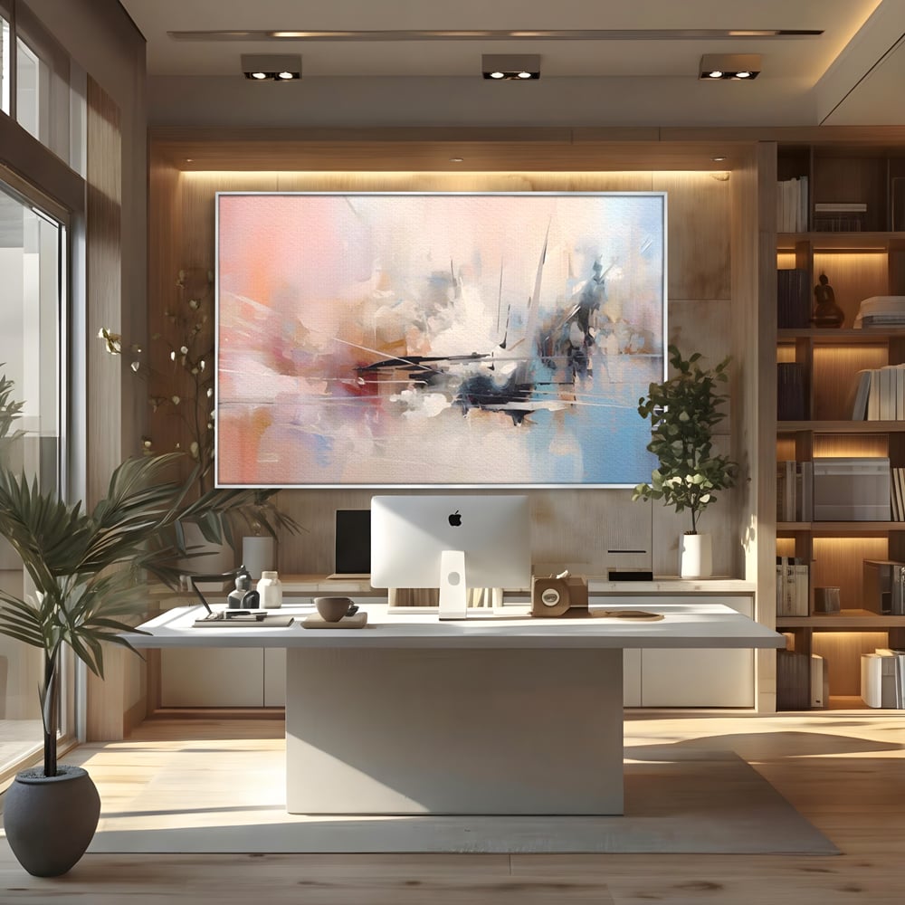 Tablou canvas cu pictura abstracta cu linii si pete pastel, in rama de aluminiu argintiu, pe perete intr-un birou